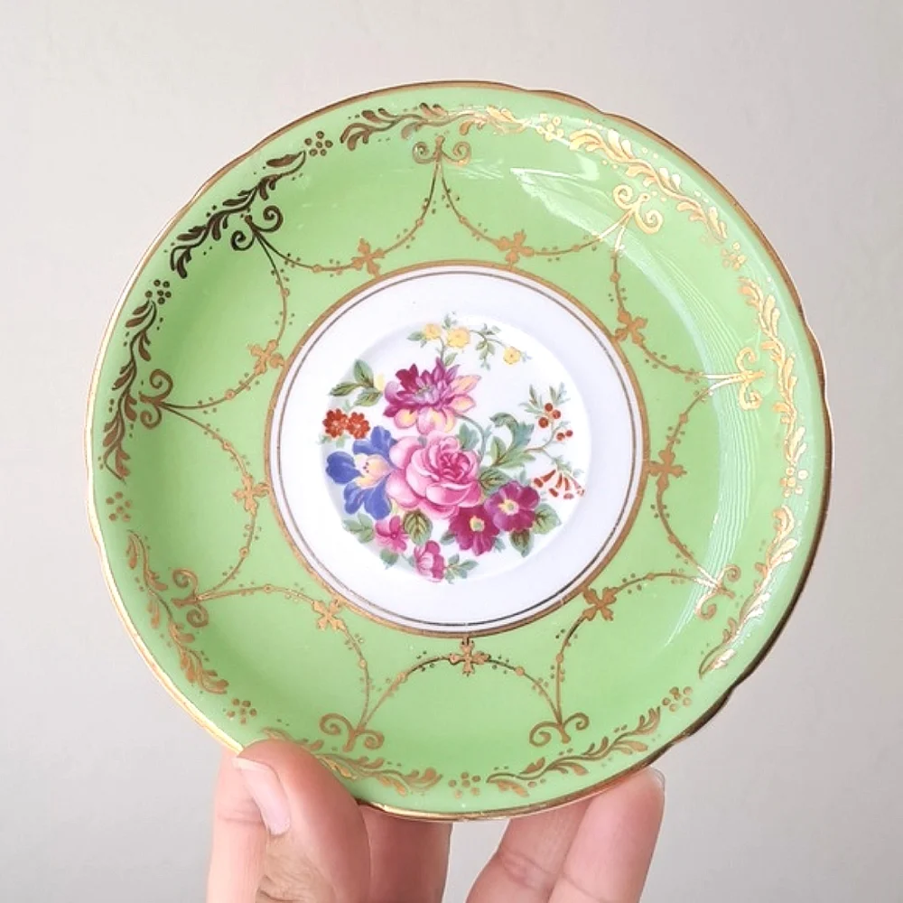 Vintage Grosvenor Jackson & Gosling Bone China Teacup Saucer Green Gold Floral